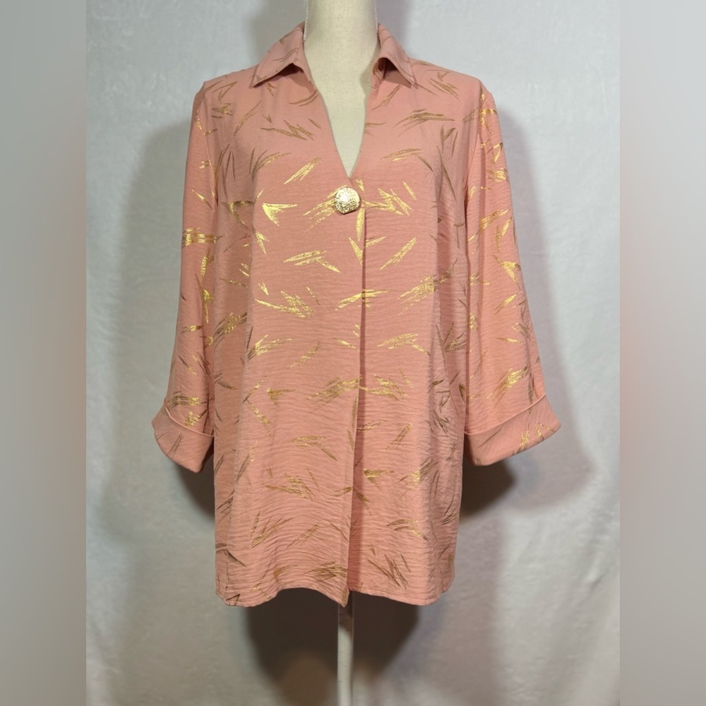 Olivia & Martin 1X Peach V-Neck Tunic Gold Foil Popover Cuff Sleeve Women Top - Picture 7 of 7
